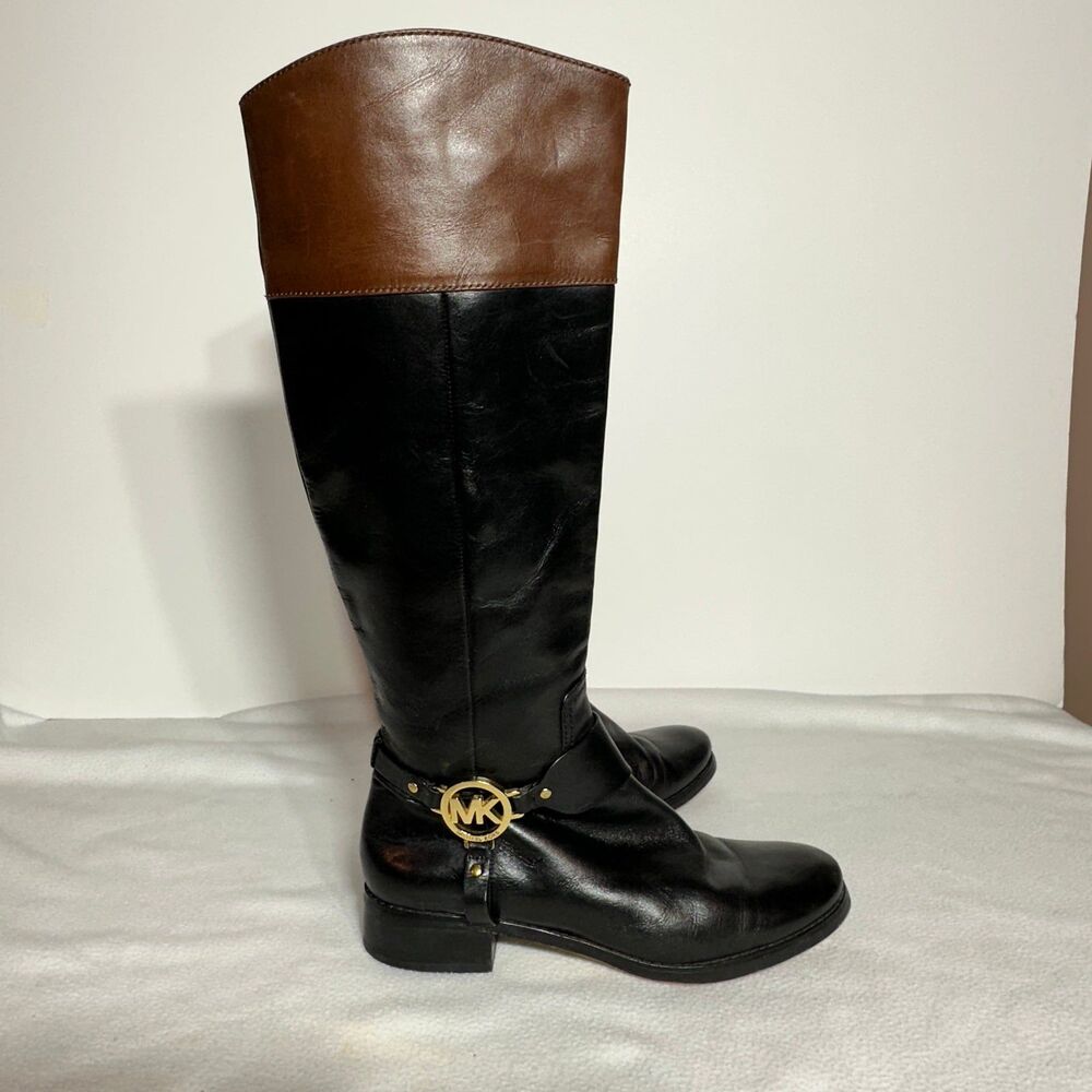 Michael Kors Fulton Harness Boot Black/Mocha Brown Leather Boot sz 7.5 - Picture 7 of 12